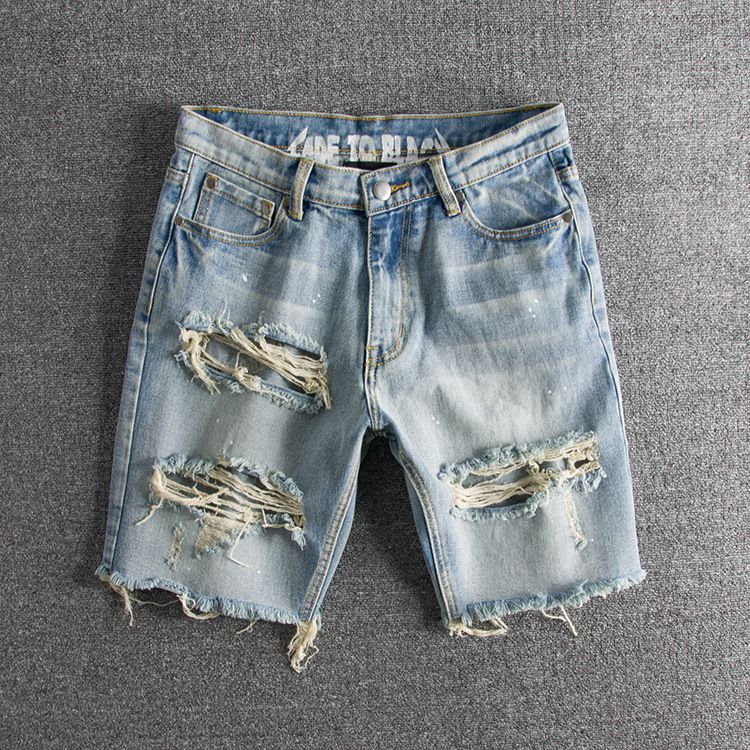 Herrenbekleidung, gewaschene und abgenutzte Tintenspritzer, große Löcher, trendige, originelle Herren-Jeansshorts für Jugendliche_voghion.com