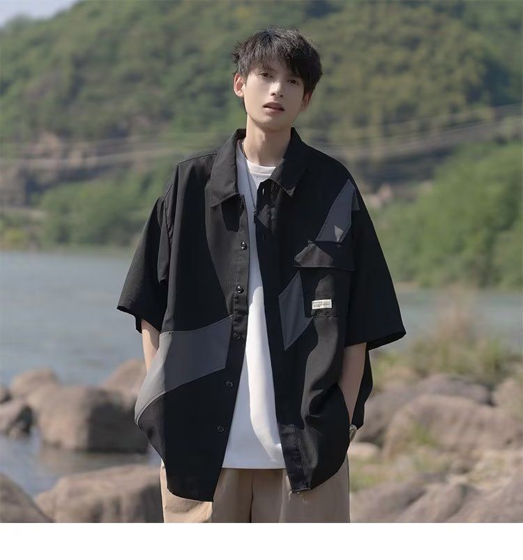 【 Spezial 】 Sommer-Kurzhemd für Herren, lässiges, locker sitzendes Hemd, dünne, drapierte Arbeitsjacke, halbärmeliges T-Shirt_voghion.com