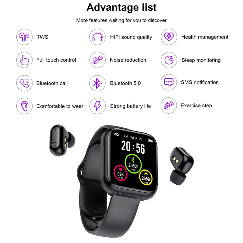 Newest 2 In 1 Smart Watch With Earbuds Wireless TWS Earphone X5 Headphone Heart Rate Monitor Full Touch Screen Music_voghion.com