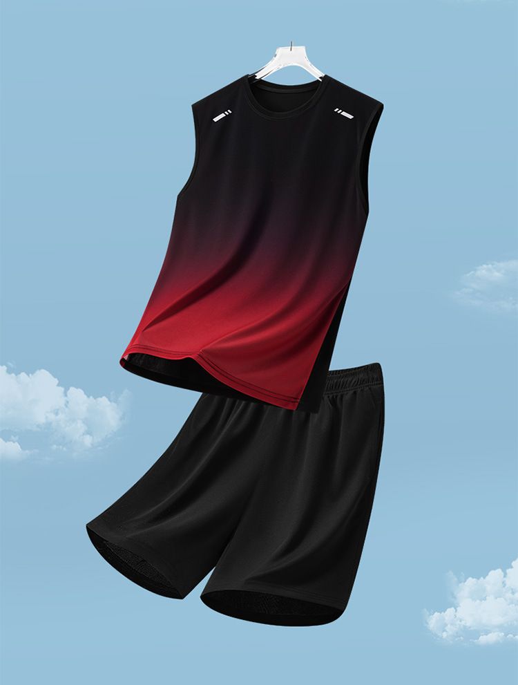Sportanzug Herren Sommer Herren Freizeitanzug Bedruckter Farbverlauf Lockerer Zweiteiliger Anzug Atmungsaktiv Schnelltrocknende Weste Shorts Herren_voghion.com