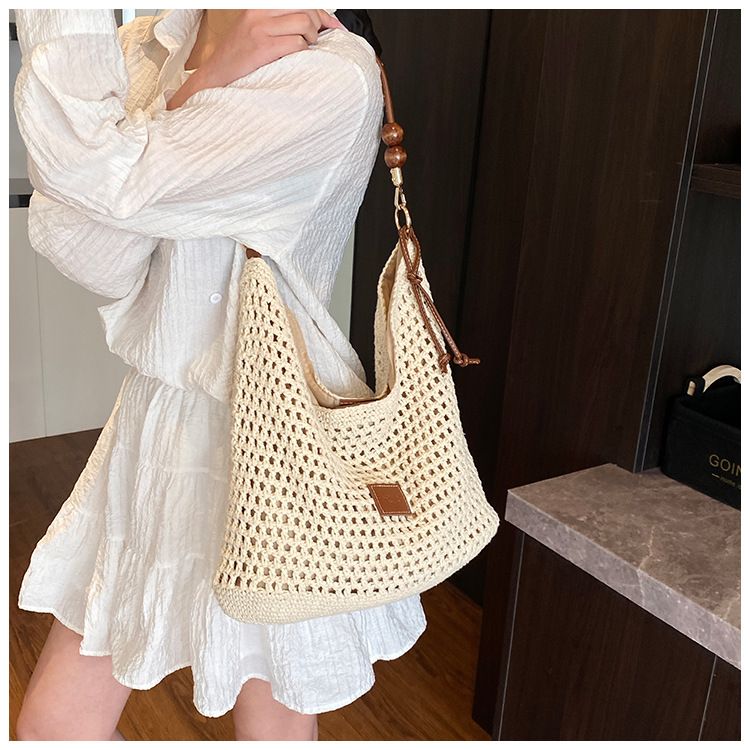 Borsa di paglia intrecciata, borsa in stile festivo, borsa a tracolla in maglia cava alla moda da donna, borsa tote da pendolare di grande capacità_voghion.com