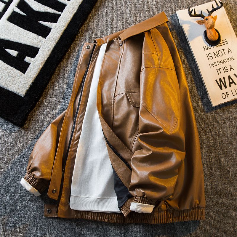 Herren Vintage PU Lederjacke, Retro Workwear Mantel, Loose Fit Zweireihige Bikerjacke Für Herren, Schwarz & Dunkelbraun, S-XXXL_voghion.com