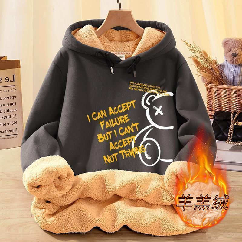 Felpa con cappuccio da uomo, foderata in pile, spessa, stile invernale, con cappuccio, outfit da coppia, giacca in lana di agnello alla moda, vestibilità ampia, taglie forti_voghion.com