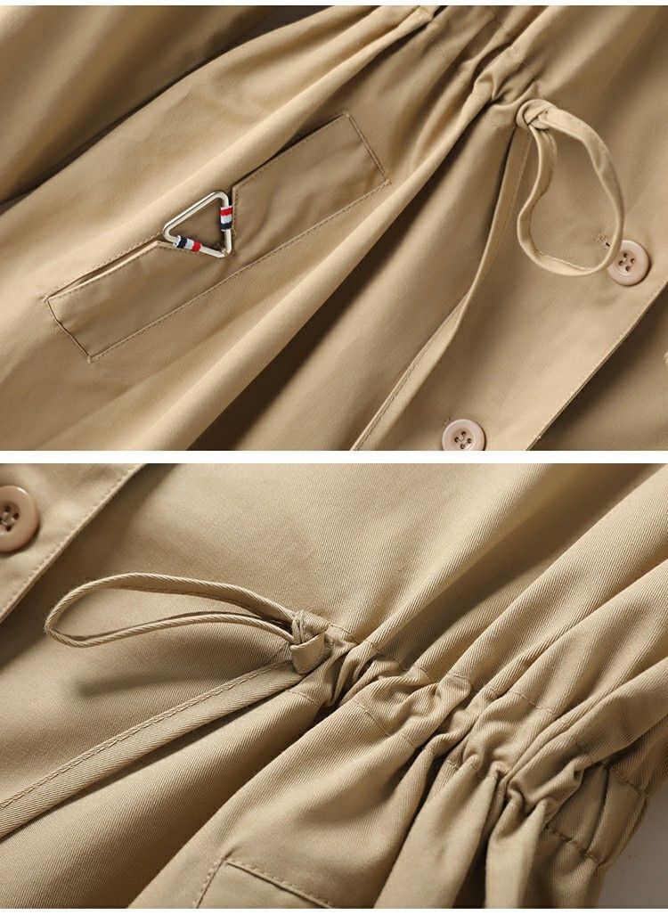 Eleganter Trenchcoat mit Gürtel, Kordelzug in der Taille und kontrastierenden Bündchen – Langärmliger einreihiger Mantel für Damen (Khaki/Schwarz/Rot)_voghion.com