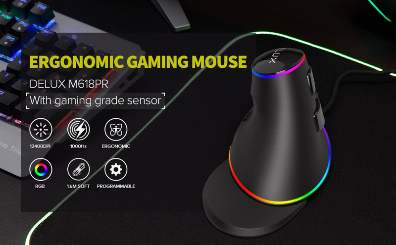 12800DPI Ergonomia Vertical Gaming Programável Macro Delux M618 PLUS Mouse com Fio 6 Botões RGB Sem Fio Mão Direita_voghion.com