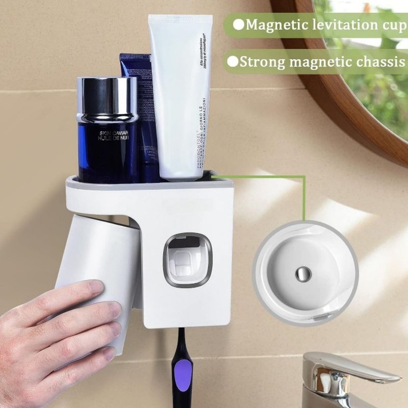 An der Wand montierte Zahnbürstenhalter, Zahnpastaspenderbecher, automatischer Zahnpastaquetscher, ideales Badezimmerzubehör_voghion.com