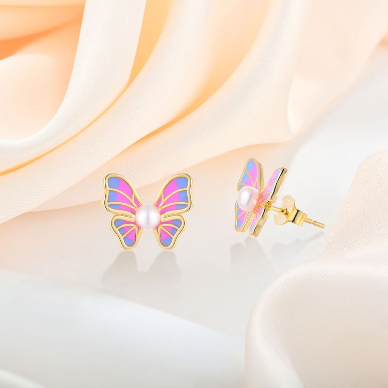 Orecchini di lusso leggeri con perle d'acqua dolce a forma di farfalla in argento sterling S925 epossidico colorato_voghion.com