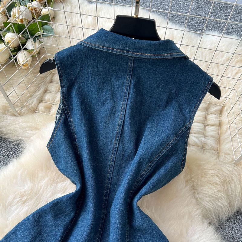 Dameklær Aldersreduserende dress for kvinner Plisset midje Lapel Ermeløs denim topp Høy midje skjørt_voghion.com