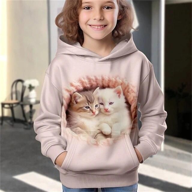 Abbigliamento per bambine, felpa con cappuccio, alla moda, con stampa di un gattino carino, ragazza ampia e alla moda_voghion.com