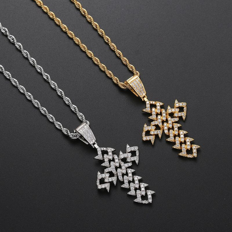 Cuban Chain Pendant Hip Hop Jewelry Copper Inlaid Zircon Trendy Versatile Style Thorn Vine Cross_voghion.com