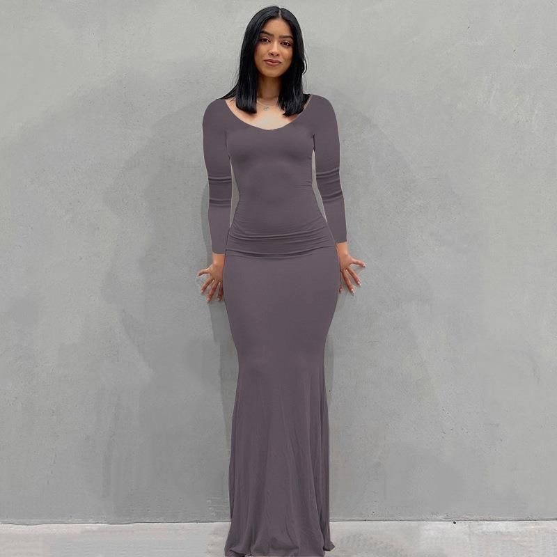Damenbekleidung Langes Kleid Lässiges, schmales, langärmliges Heimkleid_voghion.com