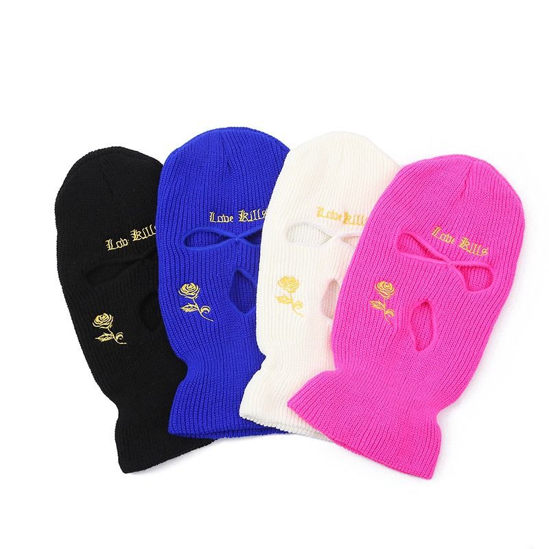 Cappello lavorato a maglia a tre fori per autunno e inverno con ricamo di rose - Cappello caldo per l'inverno e l'autunno per sci, ciclismo e attività all'aperto_voghion.com