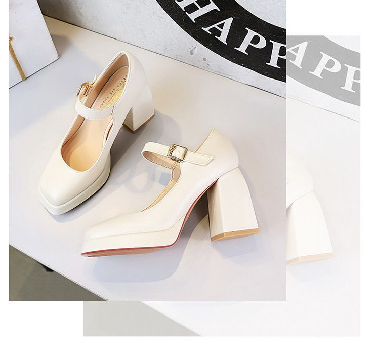 Thick square heels High heels waterproof platform square head shallow mouth belt buckle line with a single shoe_voghion.com