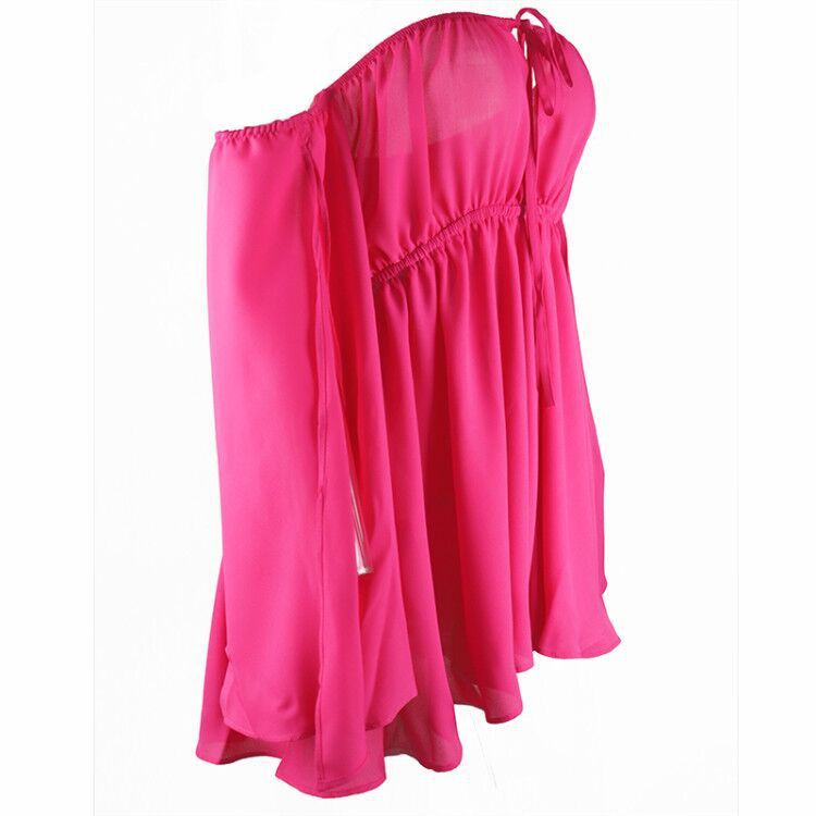 Abito da spiaggia casual in chiffon a vita alta con spalline annodate e spalle scoperte, nuovo ed estivo, per donna, comodo e sinonimo di abito_voghion.com