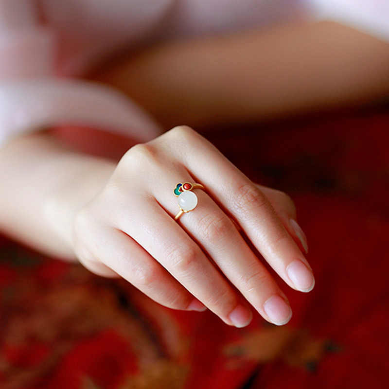 Design VENUS Original Gilt Hetian Jade Ring Enamel Women's Chinese Style Open Ring_voghion.com