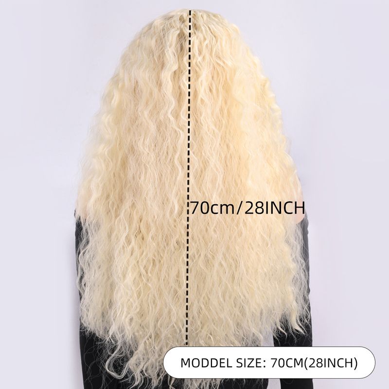 Parrucca con extension per capelli, nuova parrucca per donna, capelli neri ricci alla moda, ondulati, ricci di mais, riga centrale, frangia, copricapo completo._voghion.com