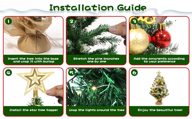 Tabletop Mini Artificial Christmas Tree With LED Lights, Star Topper, And Hanging Ornaments - 24 Inch Small Christmas Tree For Holiday DIY Decorations_voghion.com