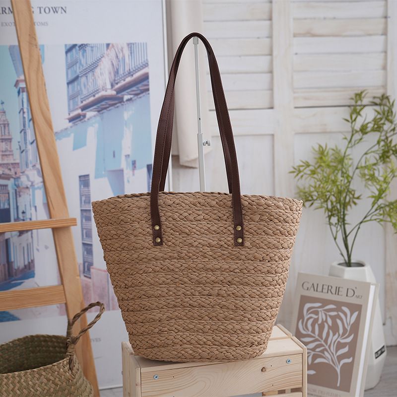 Summer Single Shoulder Women's Beach Striped Straw Large Capacity Vacation Travel New Fashion Versatile Tote Bag_voghion.com