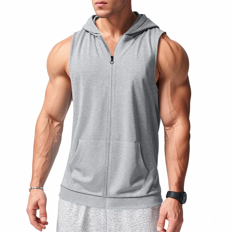 Herren Sommer Unterhemd mit Kapuze Sport Fitness Training Reißverschluss Strickjacke Ärmellose Weste Tops_voghion.com