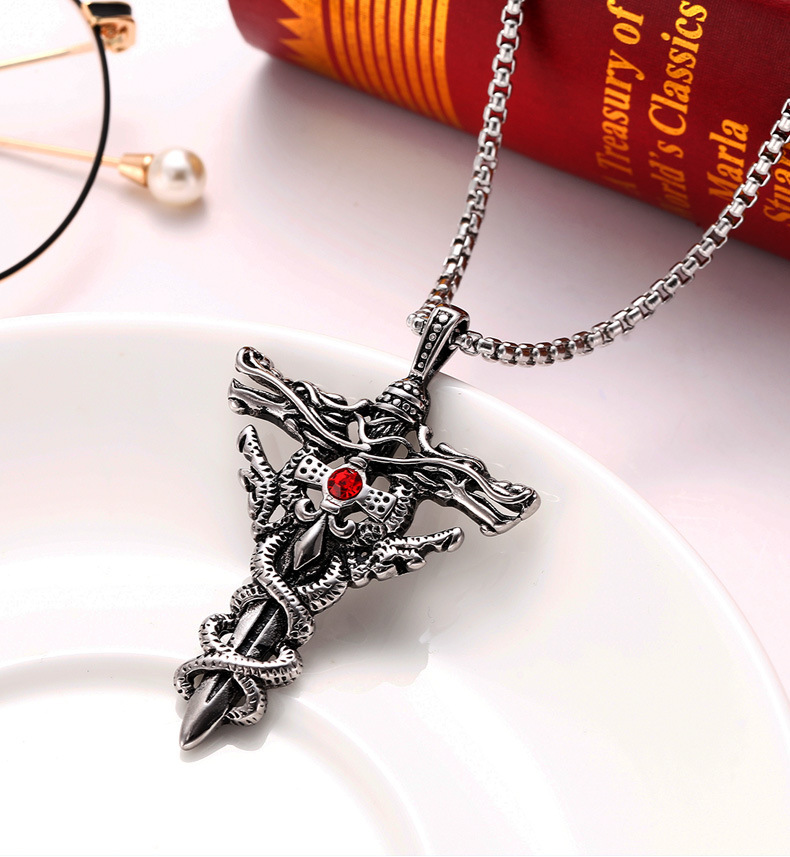 Fashion Double Dragon Sword Titanium Steel Necklace Pendant Retro Punk Cross Lucky Fortune Men's Accessories Jewelry _voghion.com