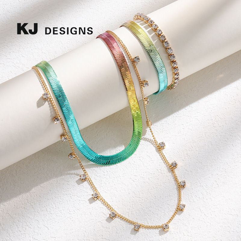 Collar apilado con degradado Kenjay, cadena de cobre para mujer, cadena de serpiente plana con degradado de color mágico, conjunto de collar con explosiones de verano europeas y americanas_voghion.com
