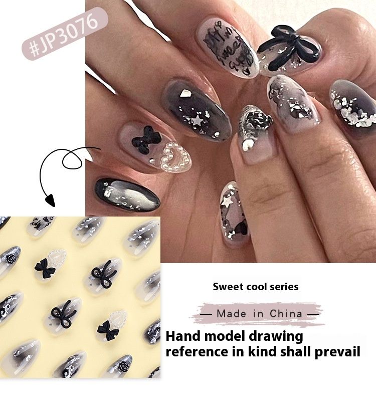 Nagelflicken mit dreidimensionaler Schleife und Rüstung, Perlen, Herzen und Sternen_voghion.com