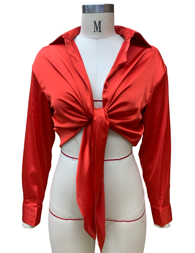 Top da donna a maniche lunghe con collo a polo in raso di seta casual dal temperamento solido_voghion.com