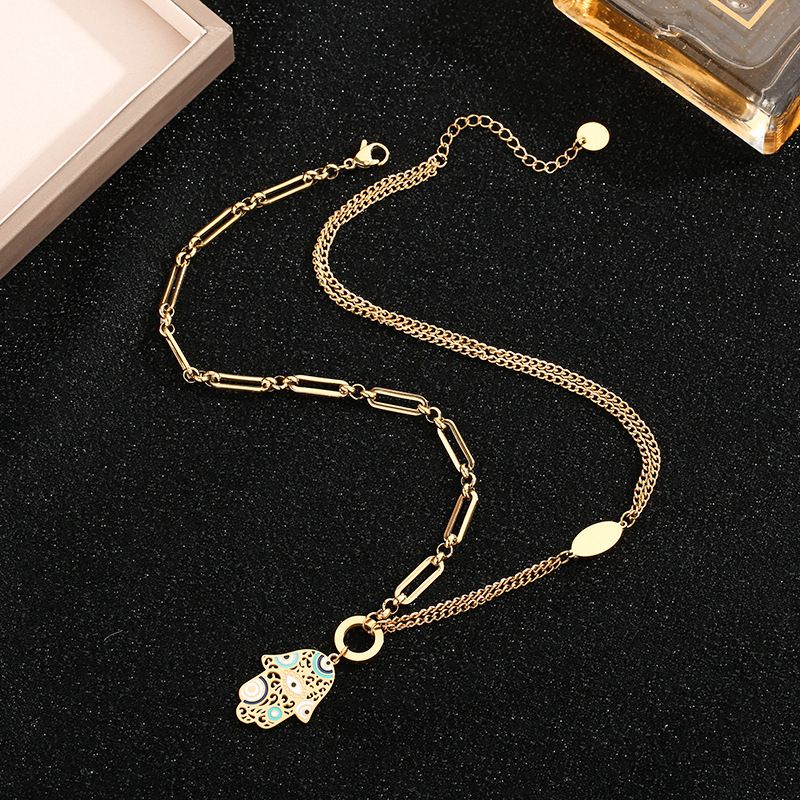 Collezione Mystic Eye - Set di gioielli con ciondolo a forma di palma dipinta in stile europeo e americano, in acciaio al titanio_voghion.com