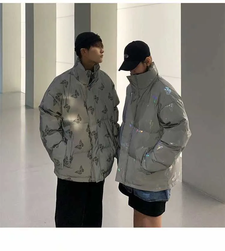 Veste parka rembourrée réfléchissante pour homme et femme, manteau d'hiver épais, coupe-vent, ample et chaud, avec papillon brillant_voghion.com