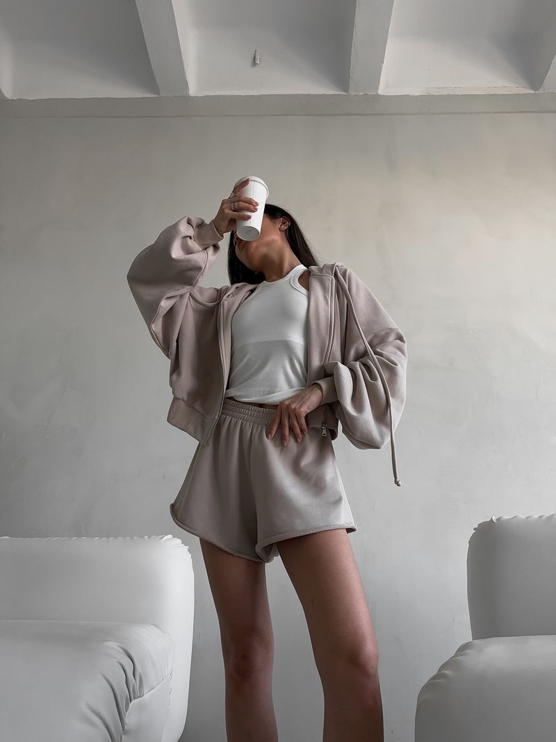 Casual Women's Solid Color Long Sleeve Hooded Drawstring Sweatshirt Jacket Shorts Two-Piece Set_voghion.com
