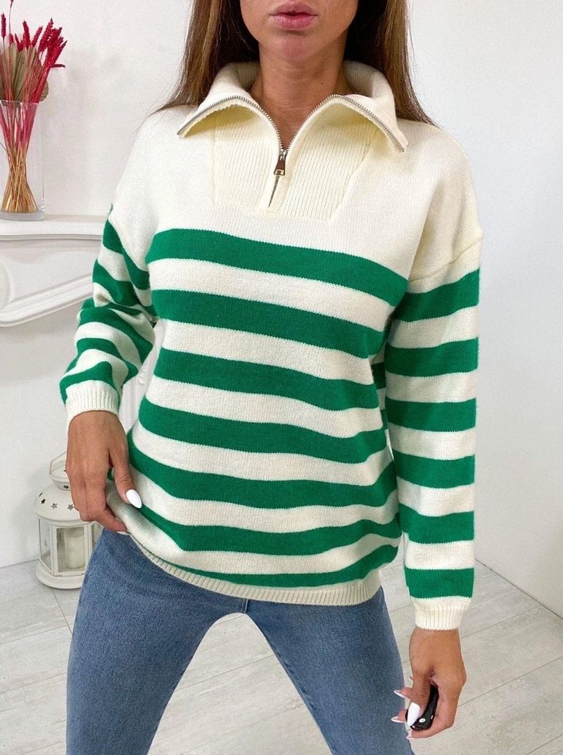 Half rits revers contrasterende kleur losse plus gestreepte gebreide trui jas brede streep_voghion.com