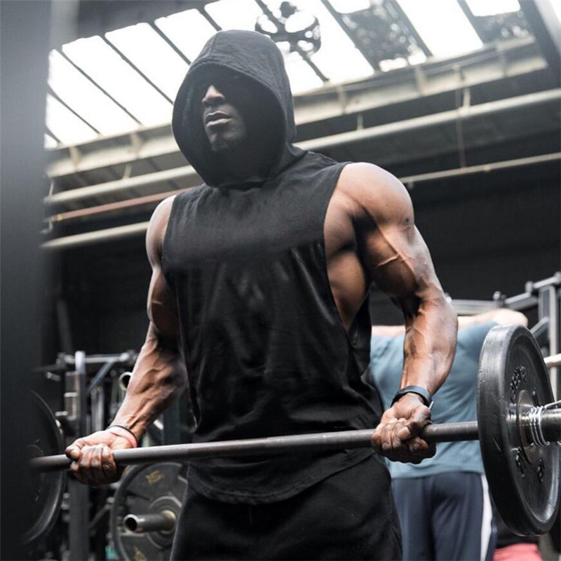 Muscle men's fitness cotton printed camisole hooded sports vest loose hurdle training sleeveless top_voghion.com