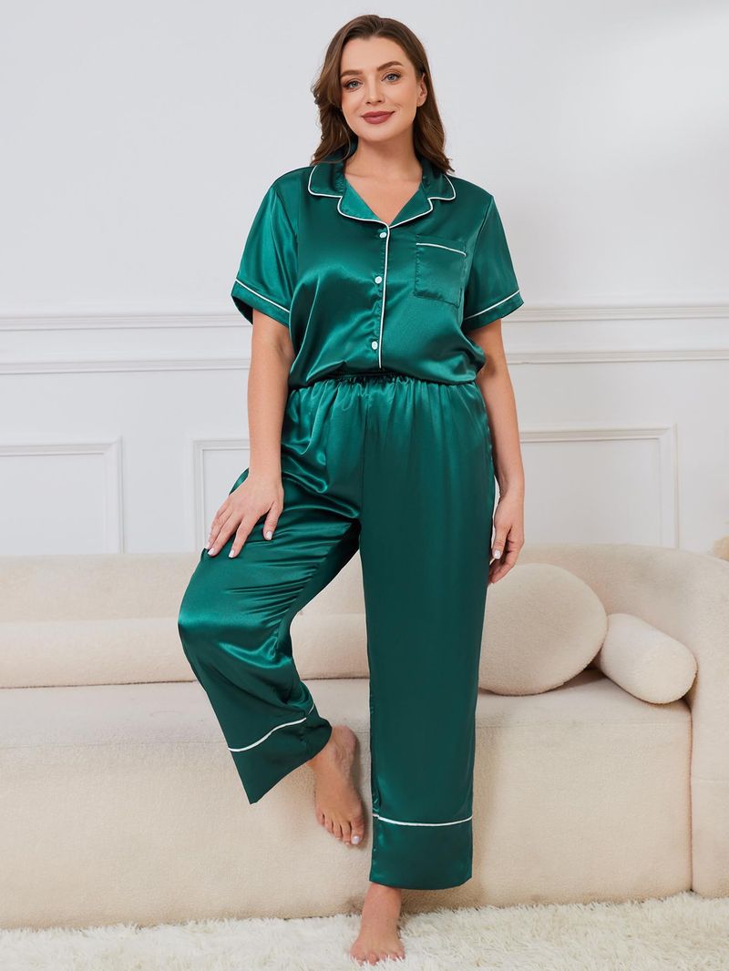 Pigiama da donna di grandi dimensioni, estivo, semplice, casual, in seta, a maniche corte, con pantaloni, abbigliamento per la casa, set da due pezzi_voghion.com