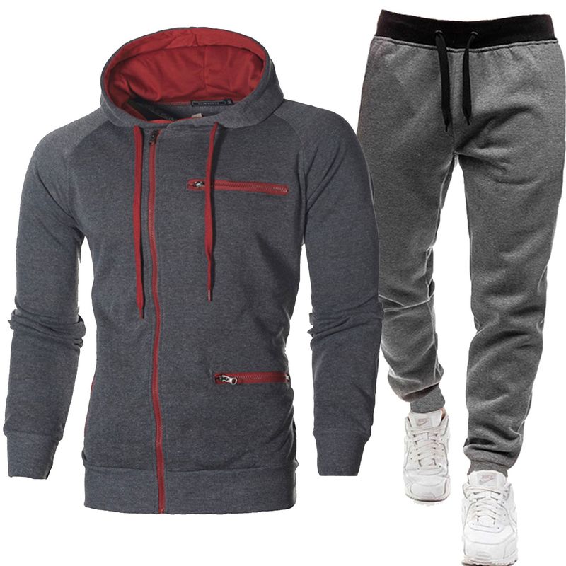 Nuevo conjunto de sudadera con capucha y chaqueta y pantalones deportivos de color sólido con cremallera informal para hombre_voghion.com
