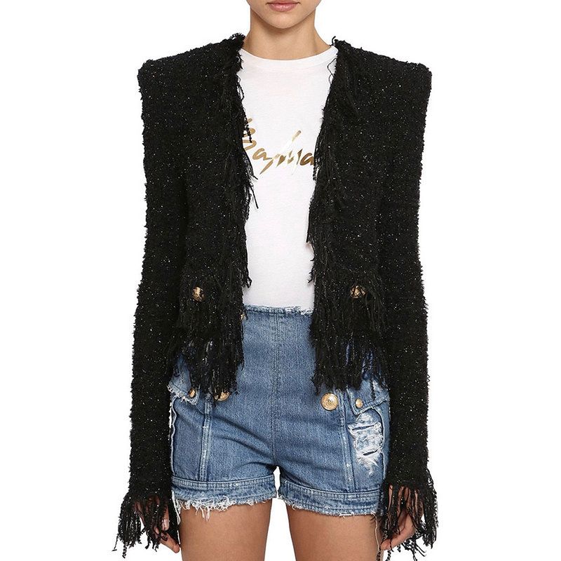 Dameskleding Nieuwe Zwarte Heldere Zijden Tweed Kwastje Rand Zak Knoop Decoratie Cardigan Dames Jas Top_voghion.com