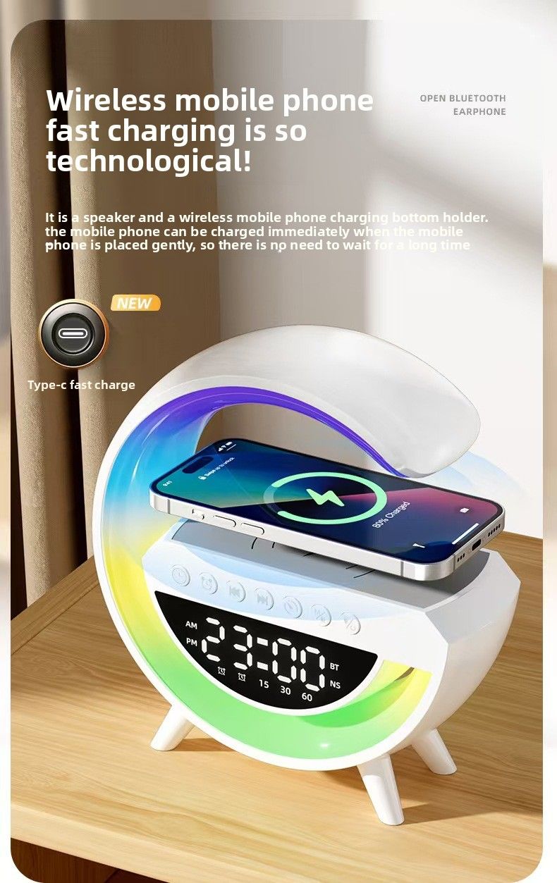 Nouvelle enceinte Bluetooth Small G - Compatible avec la recharge sans fil des téléphones et montres, avec éclairage d'ambiance, réveil intégré et fonction haut-parleur_voghion.com