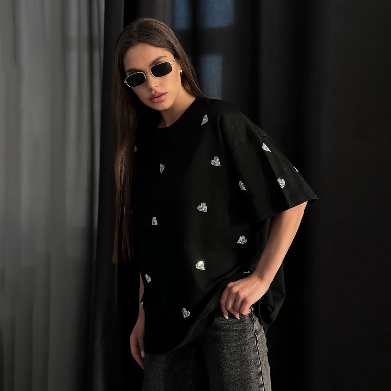 women's Fashionable loose fitting half with shoulder drop in 2024 summer Instagram style heart hot diamond basic round_voghion.com