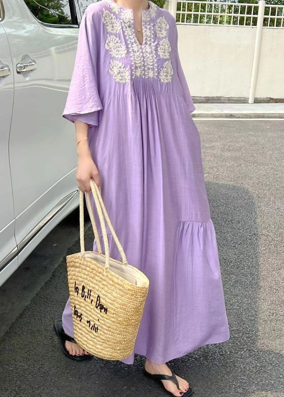 Sommer Lockere Passform Plus Size Besticktes Maxikleid für Frauen, Ethno Boho Langes Kleid mit halboffenem Kragen, Baumwollmischung Florale Stickerei_voghion.com