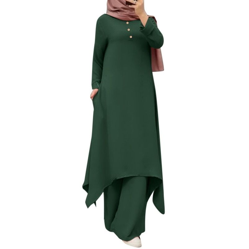 Women's Clothing Muslim Simple Casual Solid Color Round Neck Decorative Wooden Button Long Sleeved Pants Suit In Stock_voghion.com