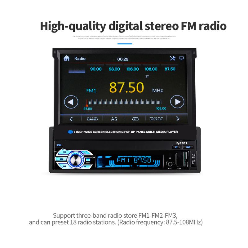 Bluetooth 7-tommers 1Din motorisert popup-/pull-back-berøringsskjerm bilradio MP5-spiller bilradio bilstereo multimediaspiller 9901_voghion.com