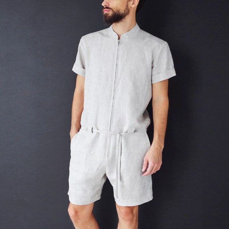 Herrenbekleidung Frühlings- und Sommeranzüge für Männer Leinengrau Einteiler Kurzes T-Shirt aus Baumwolle und Leinen Arbeitskleidung Shorts_voghion.com