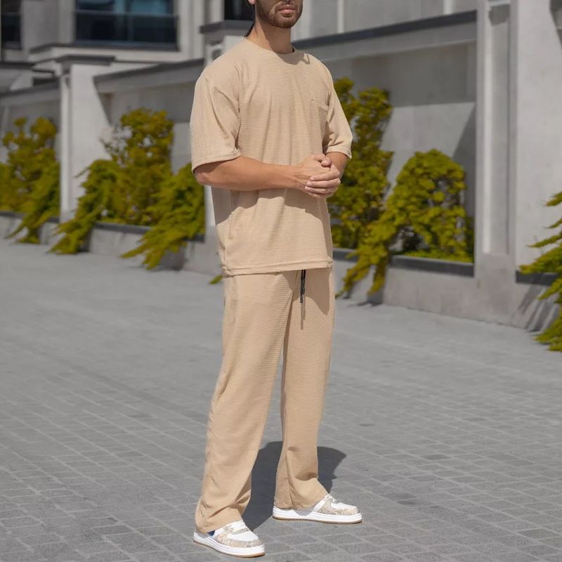 "Men's Waffle Knit Short Sleeve Set – Breathable Loose Fit Crew Neck T-Shirt & Casual Pants (Black/Grey/Khaki/Green, Sizes S-XXXL)"_voghion.com