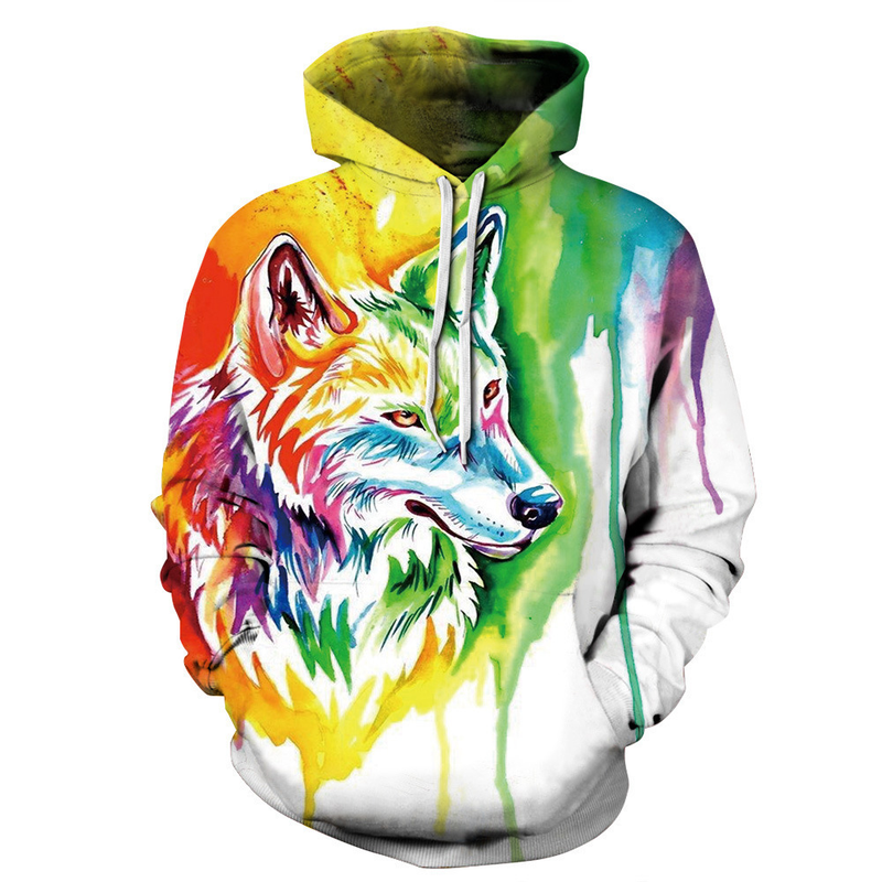 2023 Primavera Autunno Nuovo pullover allentato con cappuccio stampato lupo colorato digitale 3D per coppie di uomini e donne_voghion.com