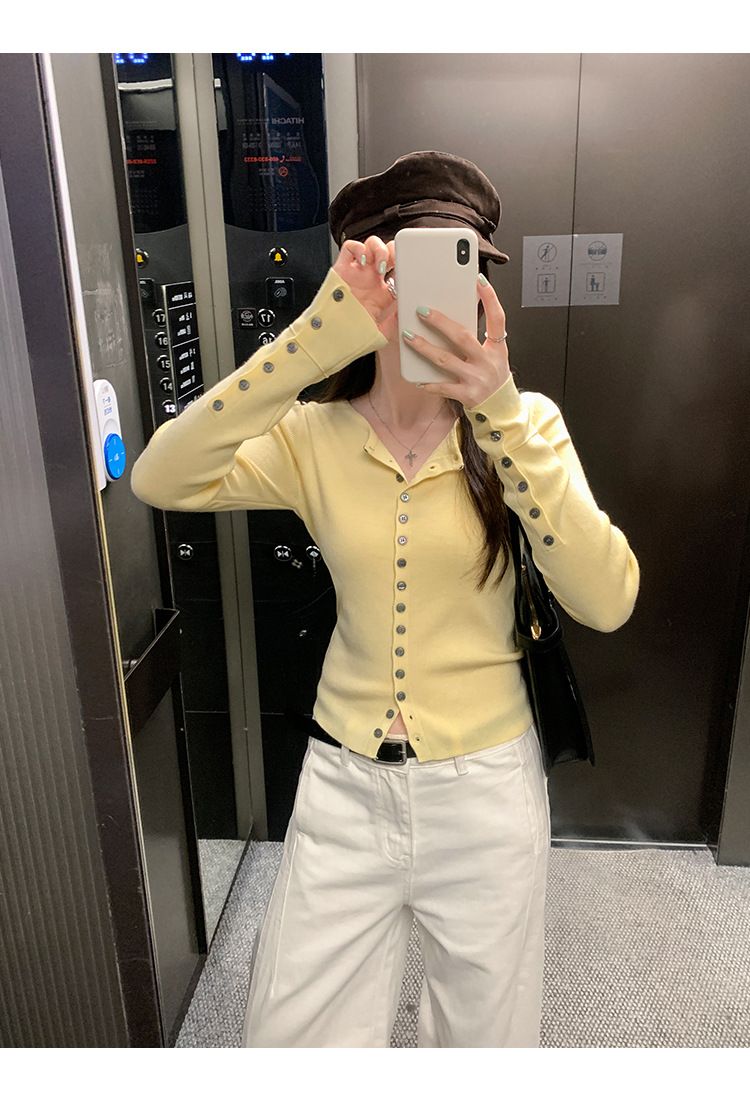 Cardigan in maglia di lana monopetto a maniche lunghe in stile francese europeo per donna, vestibilità slim fit, 2025, inizio primavera_voghion.com