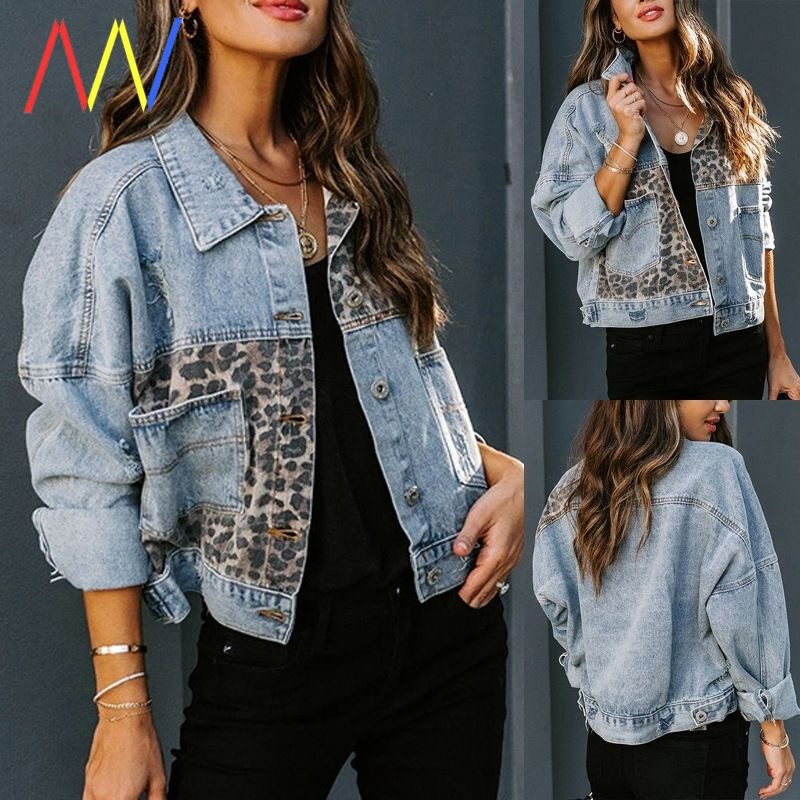 Damenbekleidung Jeansjacke Damen Langarm Jeansjacke Mantel Damen Leopardenmuster Nähte_voghion.com