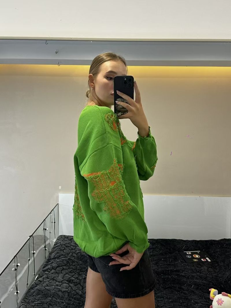Pull à manches longues style décontracté pour femme, haut tricoté, ample et déchiré_voghion.com