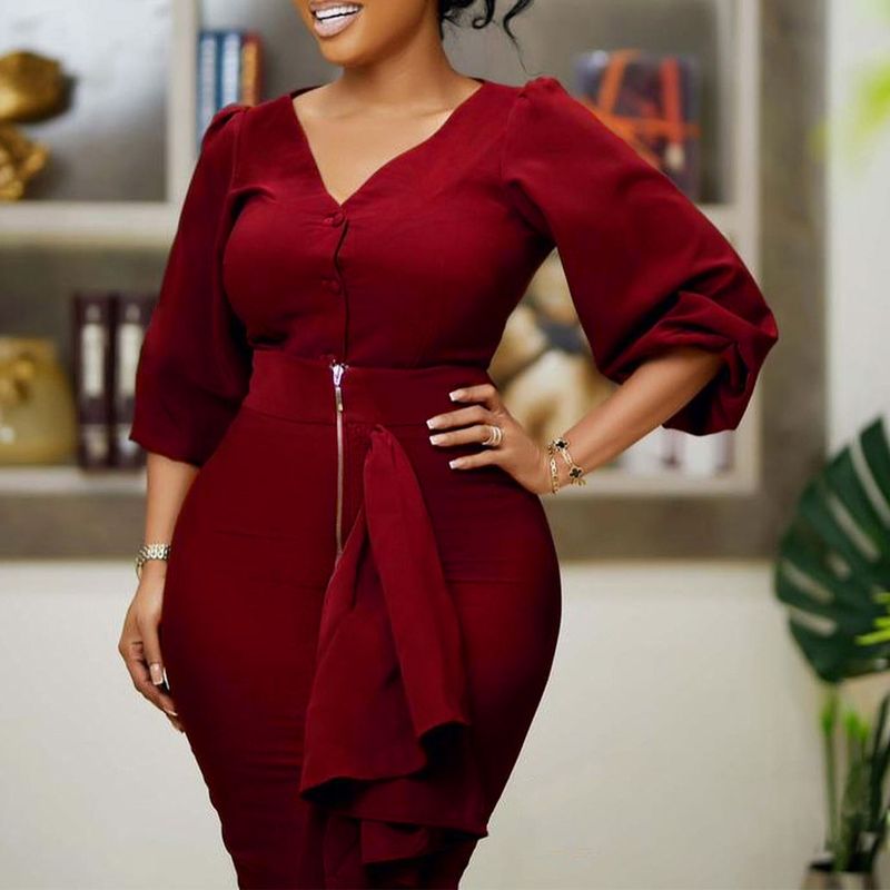 D306 Large Women's Autumn/Winter V-Neck Long Sleeved Top Wrapped Hip Half Skirt Two Piece Set_voghion.com