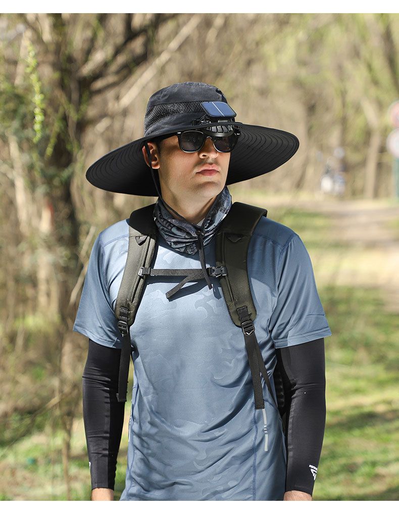 Cappello da uomo con tesa larga e alimentazione solare, con ventola ad alta velocità e batteria ricaricabile, per pesca/escursionismo all'aperto_voghion.com