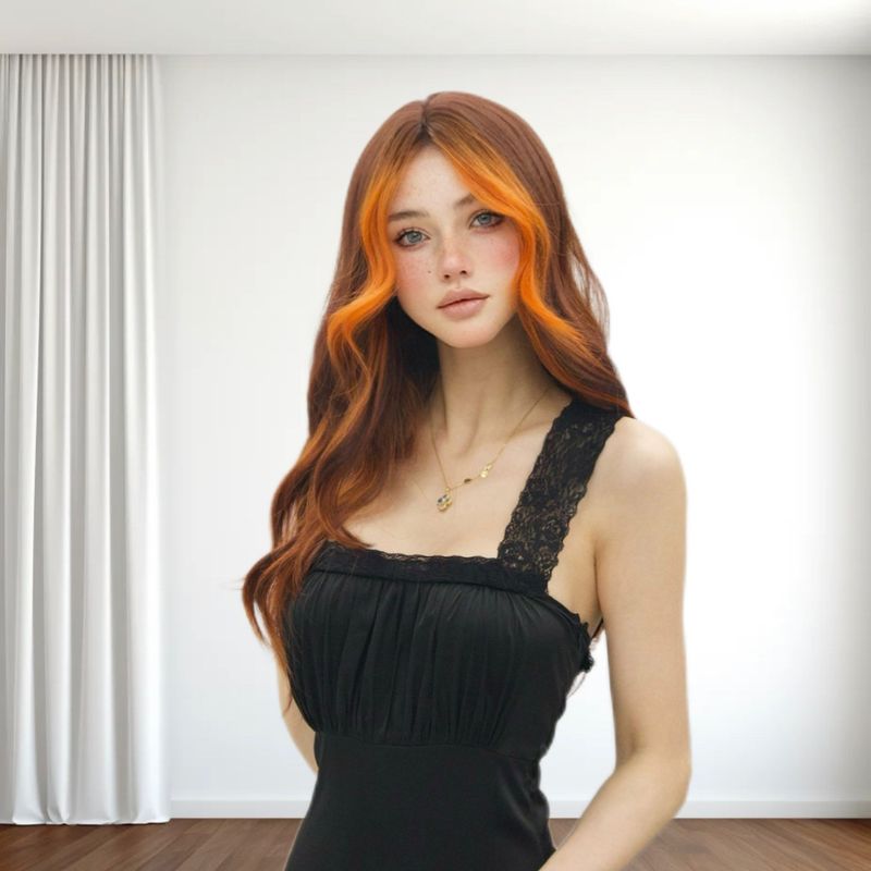 Eendeeleg Moudperück fir Fraen mat Pony, voller Kappschmuck, faarweg flamorange, laang gekrauselt Hoer_voghion.com