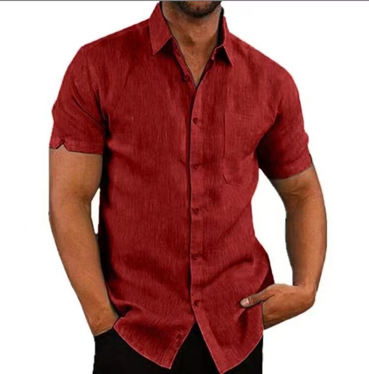 Herenkleding Plus Size Revers Effen Kleur Korte Mouw Knoop Linnen Overhemd_voghion.com